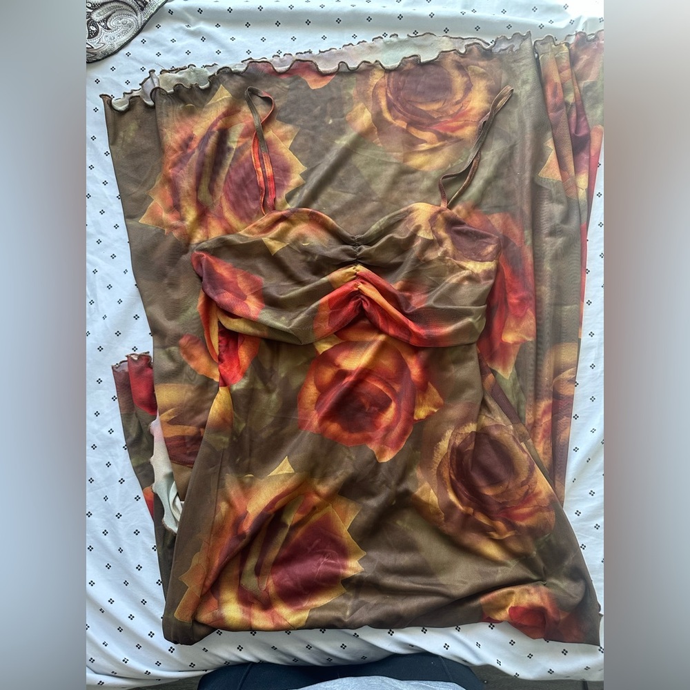 Cider Floral Print Dress with Red and Brown Roses